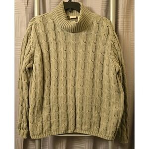 Vintage LL Bean Sweater Large‎ Cotton Fisherman Cable Knit Mock Neck Green Boxy